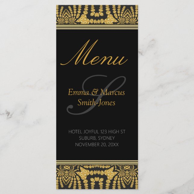 Exotic Black & Gold Tribal Batik Wedding Menu Card (Front)