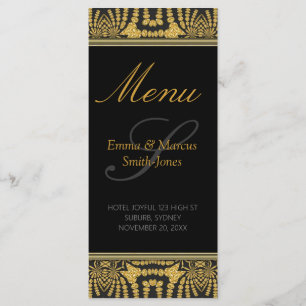 Exotic Black & Gold Tribal Batik Wedding Menu Card