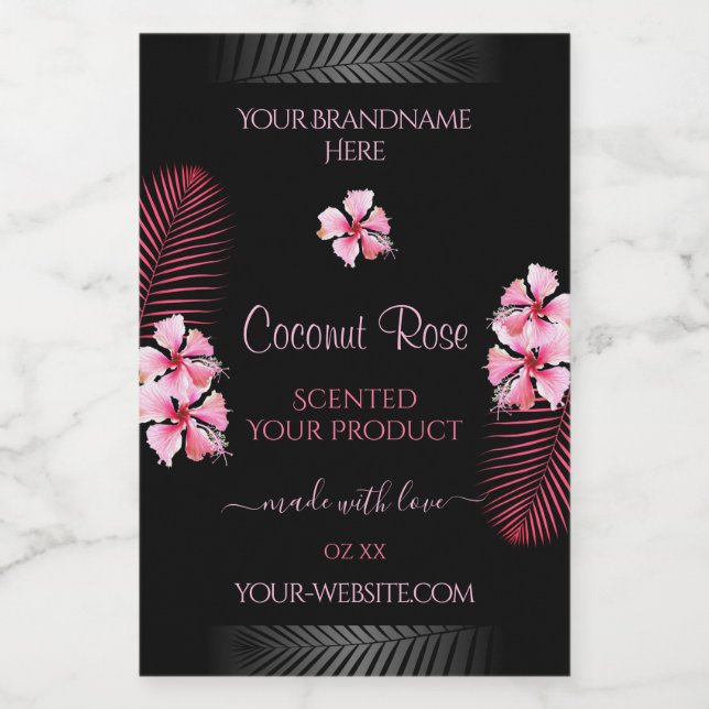 Exotic Black Product Labels Pink Hawaii Flowers (Single Label)