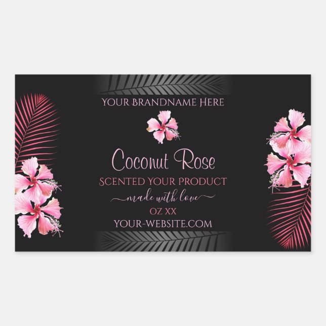 Exotic Black Product Labels Pink Hawaii Flowers (Front)