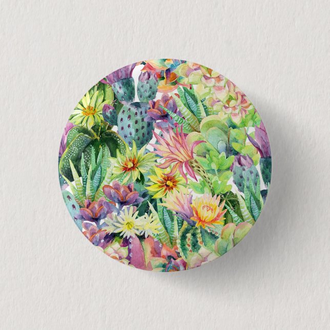 Exotic Blooming Watercolor Cacti Pattern 1 Inch Round Button (Front)