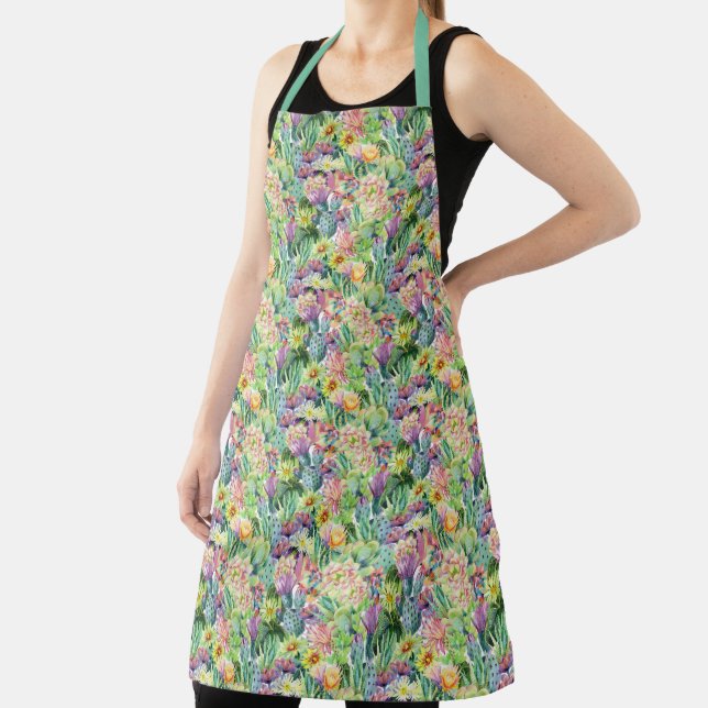 Exotic Blooming Watercolor Cacti Pattern Apron (Insitu)
