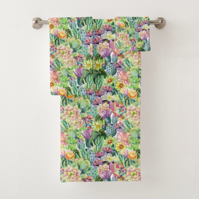 Exotic Blooming Watercolor Cacti Pattern Bath Towel Set (Insitu)