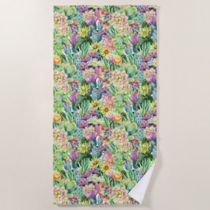 Exotic Blooming Watercolor Cacti Pattern Beach Towel