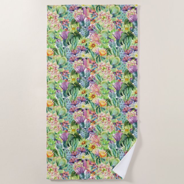 Exotic Blooming Watercolor Cacti Pattern Beach Towel (Front)
