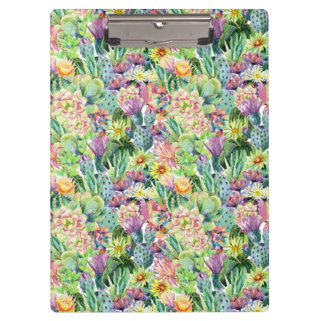 Exotic Blooming Watercolor Cacti Pattern Clipboard (Front)