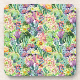 Exotic Blooming Watercolor Cacti Pattern Coaster