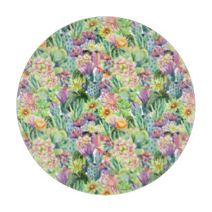 Exotic Blooming Watercolor Cacti Pattern Cutting Board