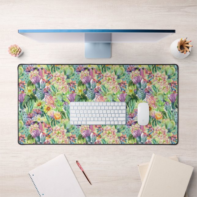 Exotic Blooming Watercolor Cacti Pattern Desk Mat (Office 1)