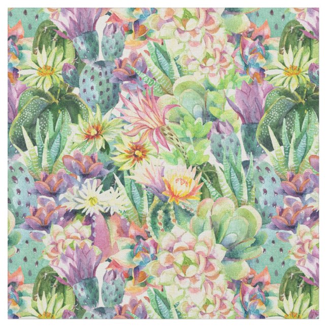 Exotic Blooming Watercolor Cacti Pattern Fabric (Close Up)
