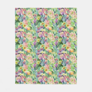 Exotic Blooming Watercolor Cacti Pattern Fleece Blanket