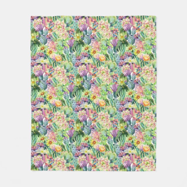 Exotic Blooming Watercolor Cacti Pattern Fleece Blanket (Front)