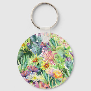 Exotic Blooming Watercolor Cacti Pattern Keychain