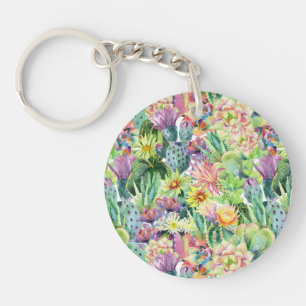 Exotic Blooming Watercolor Cacti Pattern Keychain