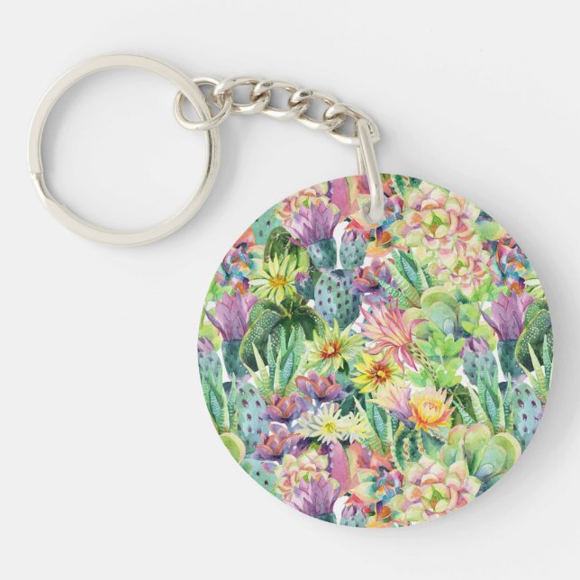 Exotic Blooming Watercolor Cacti Pattern Keychain (Front)