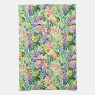 Exotic Blooming Watercolor Cacti Pattern Kitchen Towel