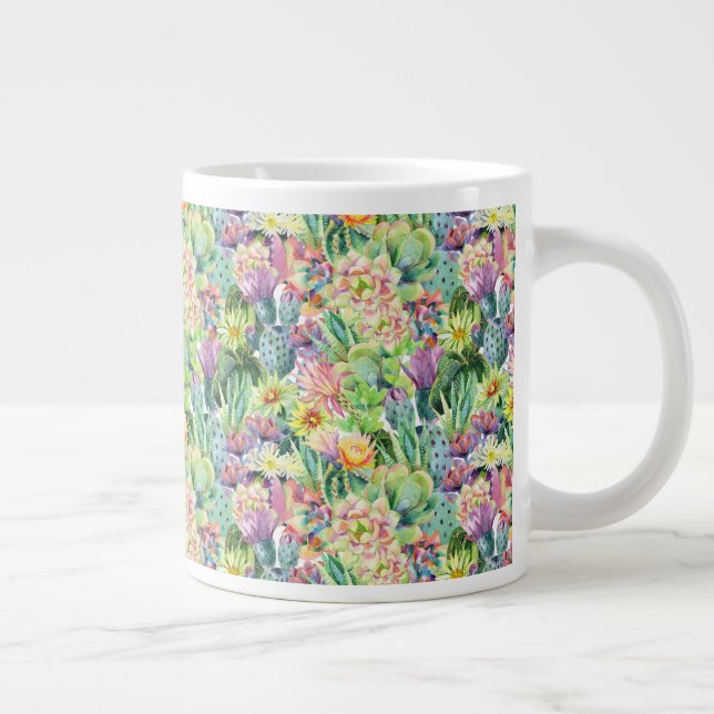 Exotic Blooming Watercolor Cacti Pattern Large Coffee Mug (Right)