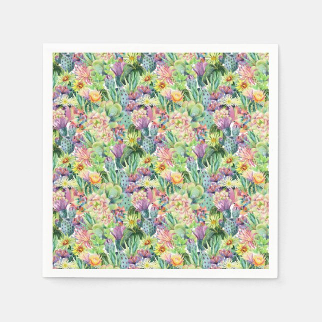 Exotic Blooming Watercolor Cacti Pattern Napkin (Front)
