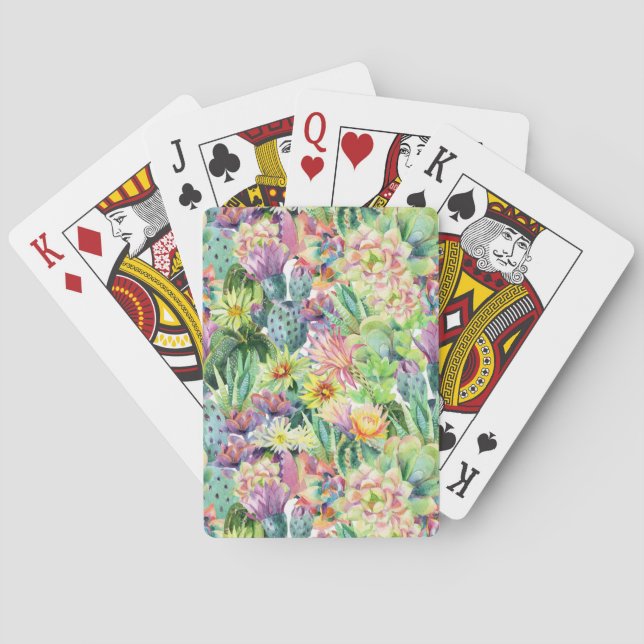 Exotic Blooming Watercolor Cacti Pattern Playing Cards (Back)