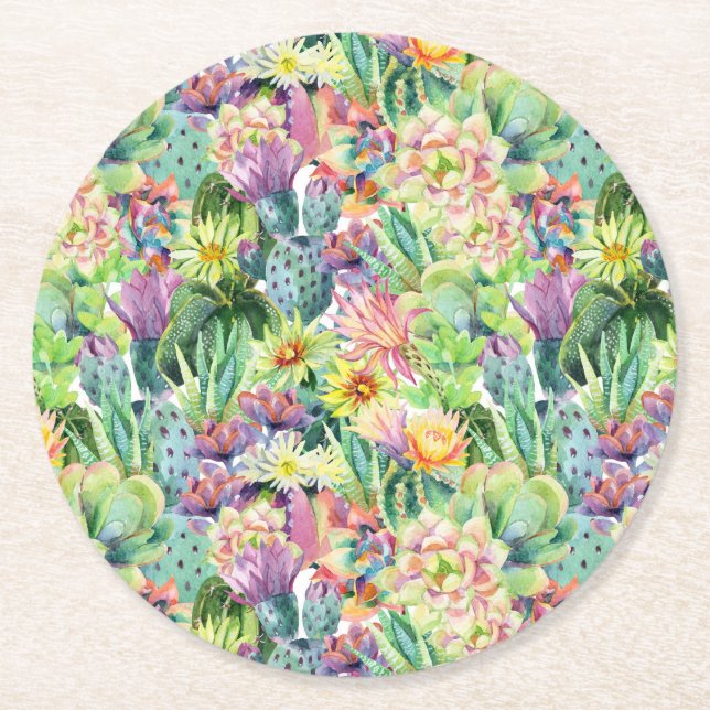 Exotic Blooming Watercolor Cacti Pattern Round Paper Coaster (Front)