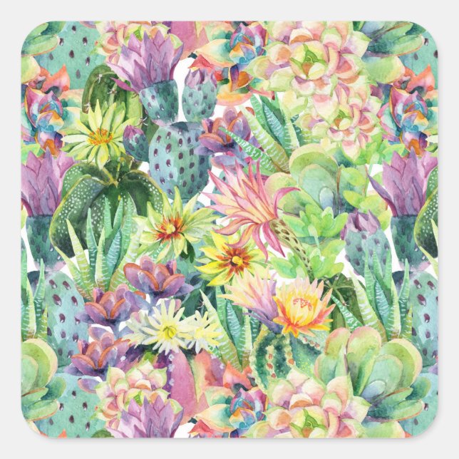 Exotic Blooming Watercolor Cacti Pattern Square Sticker (Front)