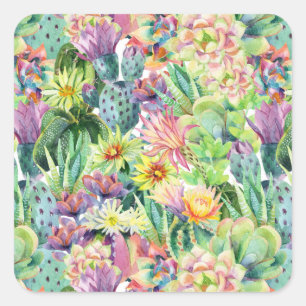 Exotic Blooming Watercolor Cacti Pattern Square Sticker