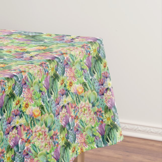 Exotic Blooming Watercolor Cacti Pattern Tablecloth (In Situ)