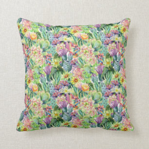 Exotic Blooming Watercolor Cacti Pattern Throw Pillow