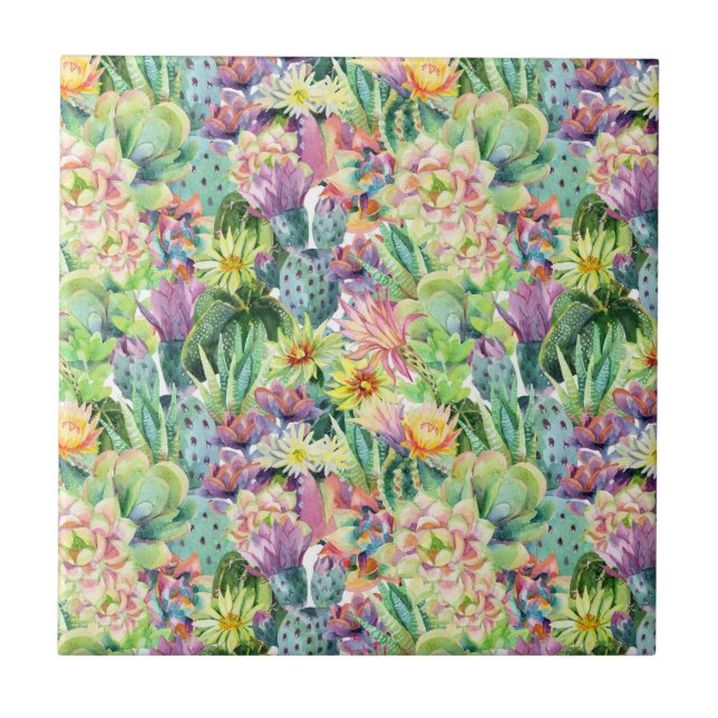 Exotic Blooming Watercolor Cacti Pattern Tile (Front)