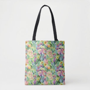 Exotic Blooming Watercolor Cacti Pattern Tote Bag