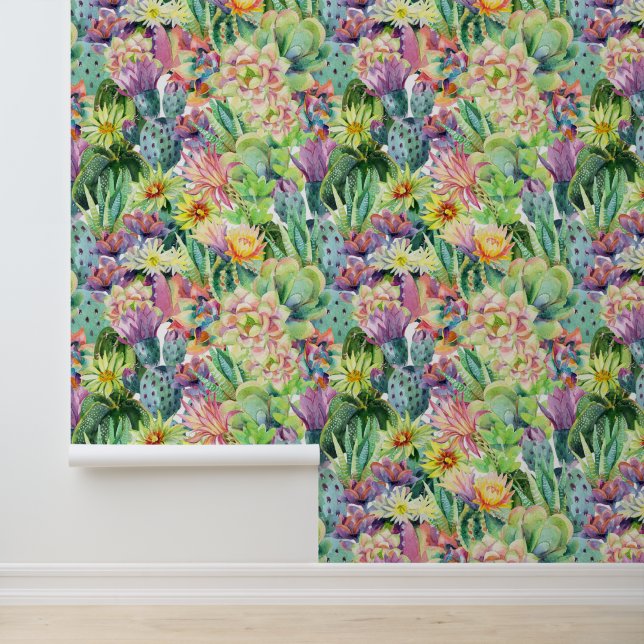 Exotic Blooming Watercolor Cacti Pattern Wallpaper (Application)