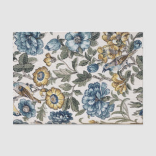 Exotic Blue and Gold Flowers & Birds Tissue Paper