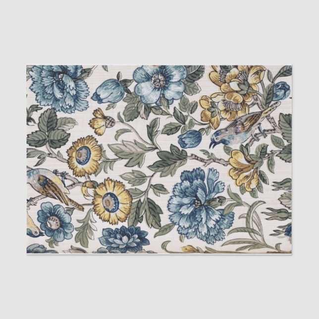 Exotic Blue and Gold Flowers & Birds Tissue Paper (Front)
