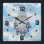 Exotic Blue Dream Catcher Home Decor Square Wall Clock<br><div class="desc">AA dream catcher that includes the round circle of bamboo and red beads in the web with blue exotic-parrot bird tone feathers on a soft blues feather background</div>