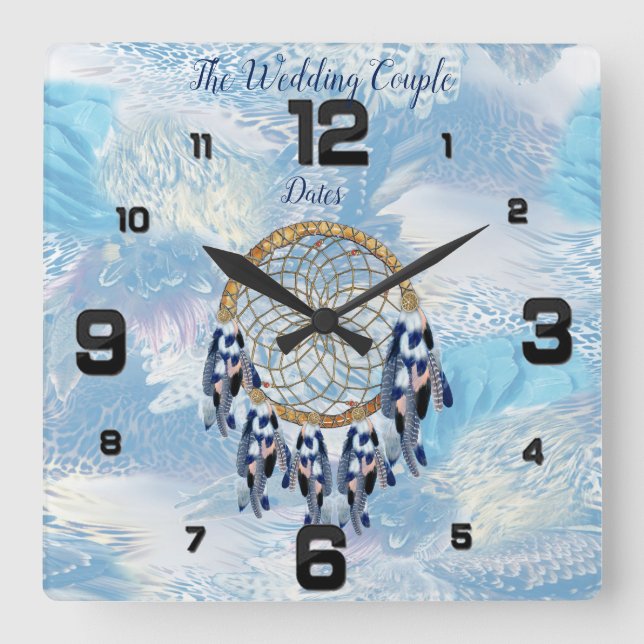 Exotic Blue Dream Catcher Home Decor Square Wall Clock (Front)