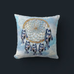 Exotic Blue Dream Catcher Home Decor Throw Pillow<br><div class="desc">A dream catcher that includes the round circle of bamboo and red beads in the web with blue exotic-parrot bird tone feathers on a soft blues feather background  for the newly weds</div>