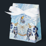 Exotic Blue Dream Catcher Wedding Favor Box<br><div class="desc">A dream catcher that includes the round circle of bamboo and red beads in the web with blue exotic-parrot bird tone feathers on a soft blues feather background for a wedding.</div>