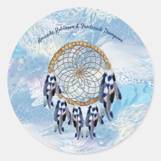 Exotic Blue Dream Catcher Wedding Party Dinner Pla Classic Round Sticker (Front)