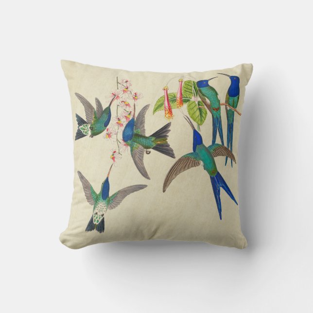 Exotic Blue Hummingbird Birds Flowers Throw Pillow (Front)