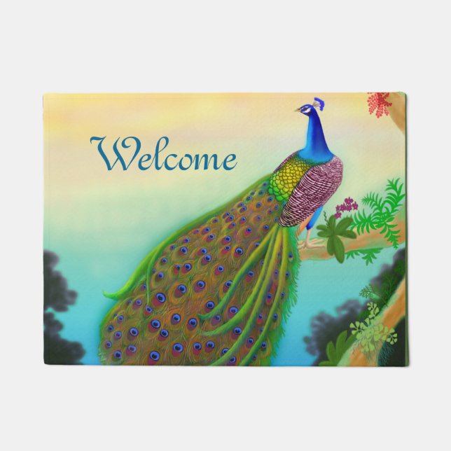 Exotic Blue Indian Peacock Doormat (Front)