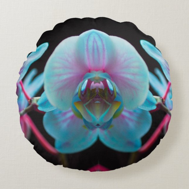 Exotic Blue Orchid Reflection Round Pillow (Front)