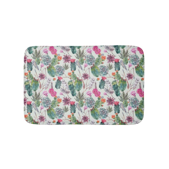 Exotic Boho Watercolor Cactus & Succulent Pattern Bath Mat (Front)