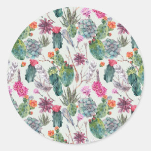 Exotic Boho Watercolor Cactus & Succulent Pattern Classic Round Sticker