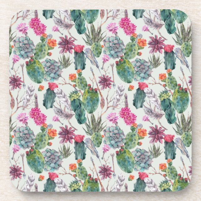 Exotic Boho Watercolor Cactus & Succulent Pattern Coaster (Front)