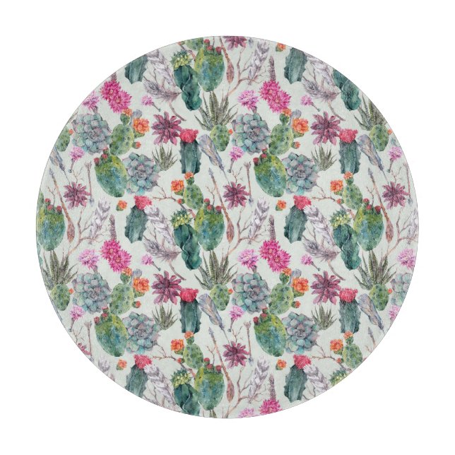 Exotic Boho Watercolor Cactus & Succulent Pattern Cutting Board (Front)