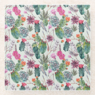 Exotic Boho Watercolor Cactus & Succulent Pattern Glass Coaster