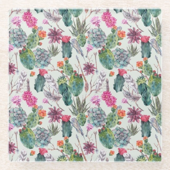 Exotic Boho Watercolor Cactus & Succulent Pattern Glass Coaster (Front)