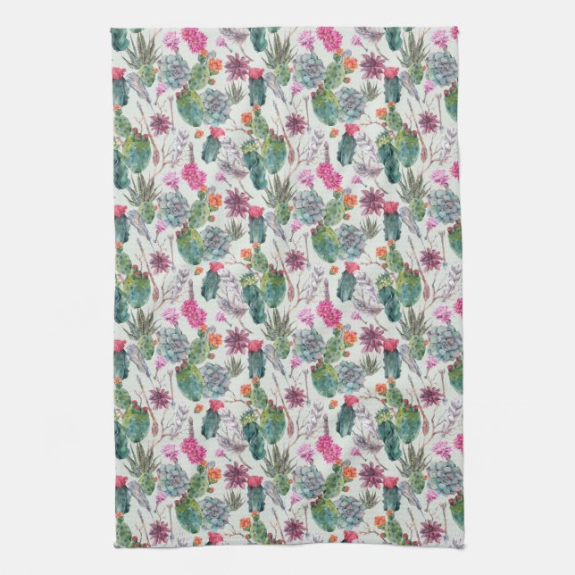 Exotic Boho Watercolor Cactus & Succulent Pattern Kitchen Towel (Vertical)