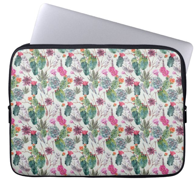Exotic Boho Watercolor Cactus & Succulent Pattern Laptop Sleeve (Front)