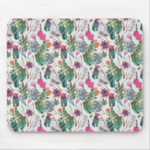 Exotic Boho Watercolor Cactus & Succulent Pattern Mouse Pad